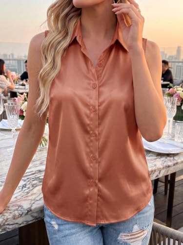 Image of Cicy Bell Womens Satin Sleeveless Button Down Shirts Work Blouse Silky Tops | V Neck, Collared Tank Tops, Professional, Office Clothes, Business Casual Outfits, Under Blazer Tops, Dress Down with Jeans