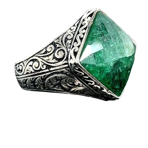 Men Handmade Ring, Square Emerald Stone Ring, Green Stone Ring, Engraved Sterling Silver Vintage Ring, Anniversary Gifts for Him