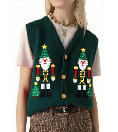 Image of Women Christmas Knit Vest Top Santa Embroidery Sleeveless Button Down Sweater Vest Xmas Snowman Cardigans Tank Top