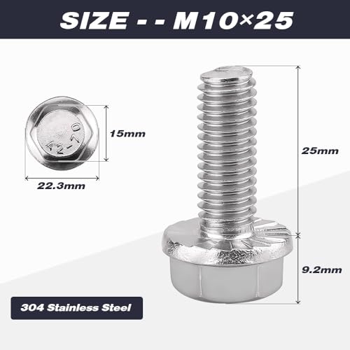 Image of M10-1.5 x 25mm (10 pcs) Flanged Hex Bolts, 304 Stainless Steel 18 /8, Large Washer Head Automotive Screws for Car Parts & Machinery Replacement
