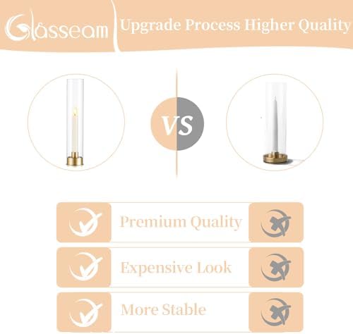 Glasseam Hurricane Glass Candle Holder Set of 2, Gold Candle Holders for Candlestick Candles, Metal Candle Sticks Holder with Cylinder Chimney, Modern Candles Holders for Dinner Table Centrepiece