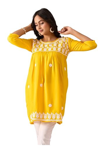 Image of Sidhidata Rayon Floral Embroidered Short Kurti | Short Anarkali Kurti for Girls | Women's Casual Sleeveless Printed Top | Tops for Women (Kurti Myra)