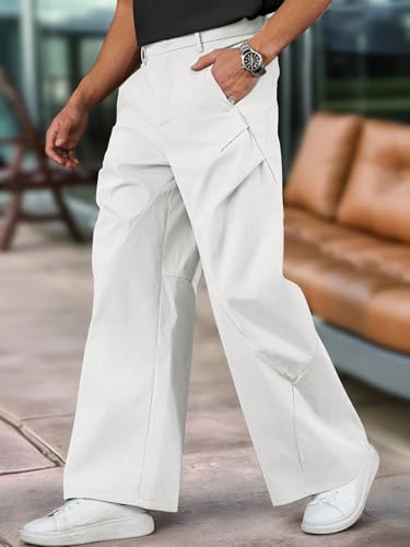 ZAFUL Mens Casual Cargo Pants Button Solid Color Wide Leg Structured Split Loose Fit Work Trousers3