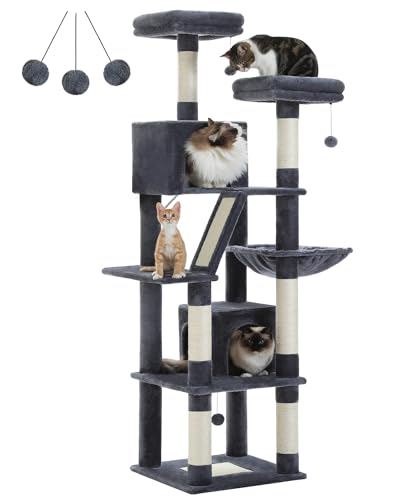MUTTROS Árbol para gatos, torre grande para gatos de 71 pulgadas con 2 condominios, 2 perchas superiores, hamaca y 6 postes rascadores para gatos de interior, gris oscuro