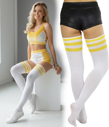 Image of ToBeInStyle Women's Heavyweight Knit Thigh High Long Socks w /Contrast 3 Stripe Top Band