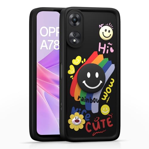 Image of Pikkme Back Cover for Oppo A78 5G | Soft Silicone| Cute Rainbow Smile & 3D Cartoon Flower Design | Shockproof Raised Camera Protection Bumper Case (Black)