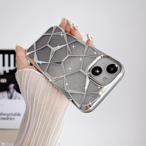 Image of VONZEE Gradient Glitter Case for iPhone 14 6.1'', Luxury Electroplated 3D Cube, Diamond Bling Shiny Soft TPU Clear Shockproof Women Girls Protective Phone Cover (Silver)