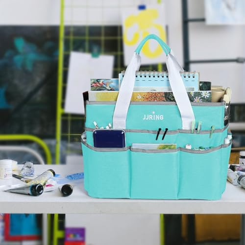 Image of JJRING Craft Organizer Tote Bag, Large Art Storage Caddy with Multiple Pockets, Sky Blue Sewing Bag for Art, Craft, Scrapbooking, School, Medical, and Office Supplies Storage