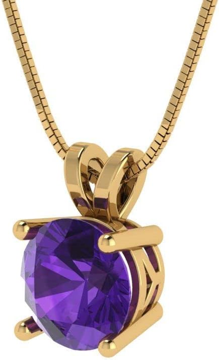 Clara Pucci 14K Yellow Gold Plated Solitaire 18" Box-Chain Necklace - Sterling Silver 1ct Round Cut Amethyst Pendant - Image 2