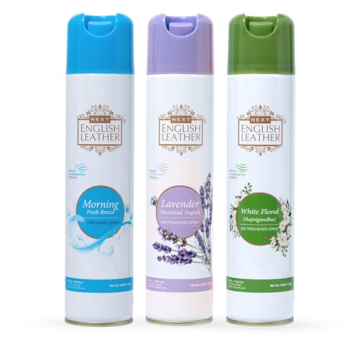 Image of Next Care English Leather Air Freshener Spray 220ml | Long Lasting Room Freshener for Home, Office & Car | Odour Eliminator (Morning, White Floral & Lavender)