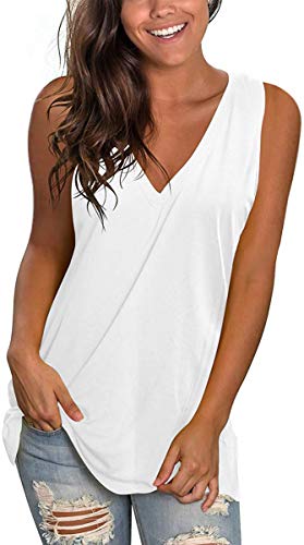 LONGYUAN Women s Spring Sleeveless Vneck Casual Tshirt Side Split Loungewear Tops Comfort Loose Soft Top White,X-Large