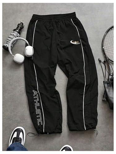 GORGLITTER Men's Wideleg Baggy Pants Y2K Contrast Piping Drawstring Sweatpants Fashion Streetwear Trousers Black Graphic Medium3
