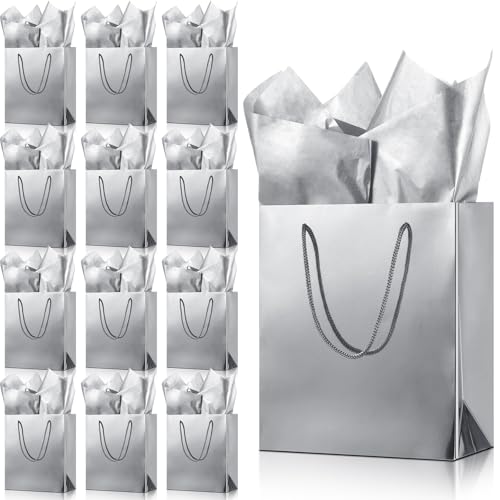 TaoBary 12 Pack Silver Gift Bags with Tissue Paper 9x8x4 Metallic Paper Bags with Handles Medium Size for Wedding Birthday Baby Shower Party Favors