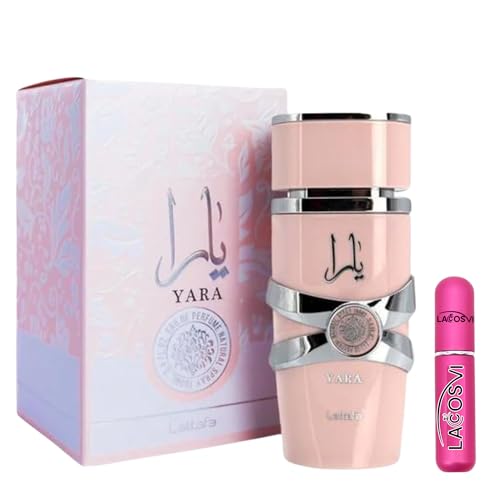 Yara Rosa Perfume Árabe, Lattafa Original 100ML - Incluye Atomizador 5ml - Lacosvi Recargable De Perfume Dulce de Frutas Tropicales, Vainilla y Sándalo - Regalo para Mujer