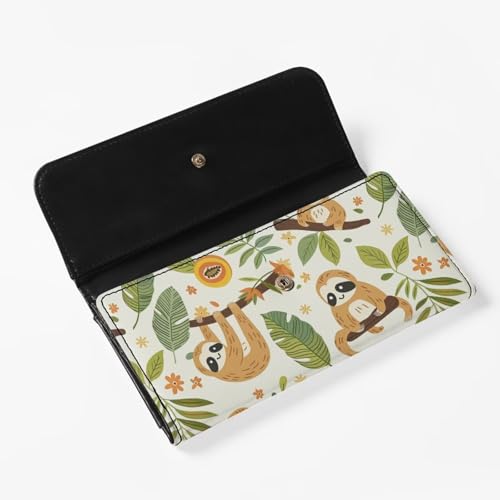 Image of AFPANQZ Womens Leather Wallets Sloth Monstera Large Capacity Card Holder Zipper Travel Purse, Phone Holder Coin Zip Pocket Multi Cards