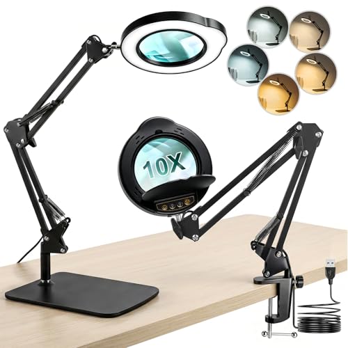 Lupa con Luz y Soporte, 10X Lupa LED con Lente de Vidrio, Lámpara Lupa con Pinza de Mesa, 5 Modos de Color 10 Niveles de Brillo, para Reparaciones, Lectura, Manualidades, Diamond Painting