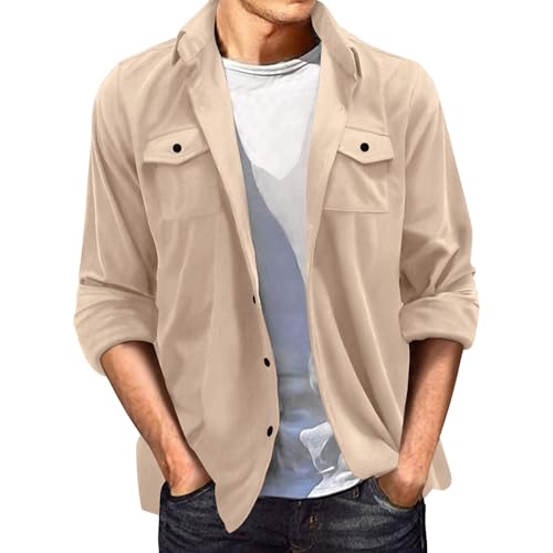 Tobysper Men's Suede Long Sleeve Shirt Casual Long Sleeve Button Down Shirt Loose Fit Casual Shirt Suede Western Shirt Shacket Lightweight Sports Jacket Lapel Neck Knitted Coat, khaki, XXL