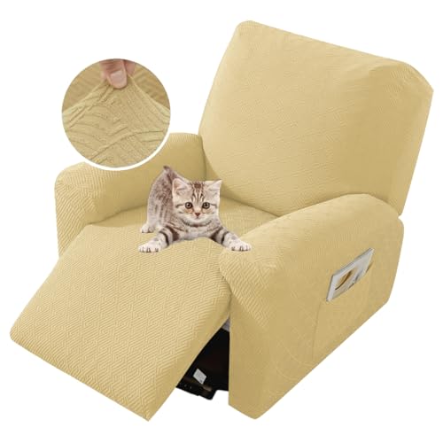 XINEAGE 4-Piece Recliner Cover Stretch Jacquard Slipcover with Pocket, Washable Recliner Chair Protector for Kids, Pets, Dogs, Cats (Beige)