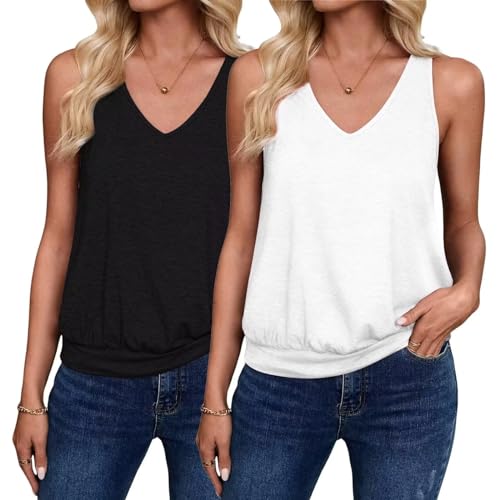 2 Pack Womens 2025 Trendy Tank Tops V Neck Banded Sleeveless Spring Summer Casual Loose Fit Cute Basic Cami Shirts