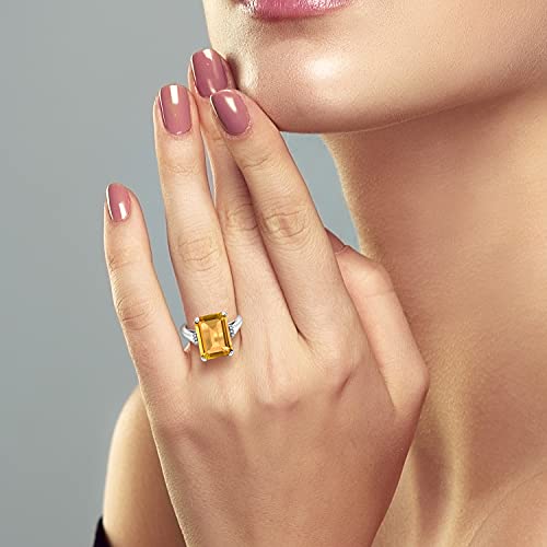 Gem Stone King 8.27 Cttw Yellow Citrine Engagement Ring For Women | 925 Sterling Silver | Emerald Cut 14X10MM | Gemstone Birthstone | Available in size 5, 6, 7, 8, 93