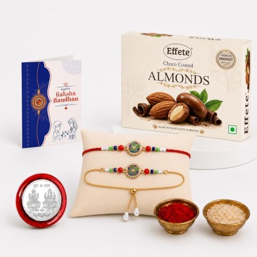 Image of DeoDap Chocolate with Rakhi Set for Bhai and Bhabhi - Shiv-Parvati Design Rakhi for Bhai 1 Pc & Lumba and for Bhabhi 1 Pc with Choco Coated Almonds (32 GM), Silver Colour Coin & Greeting Card Combo