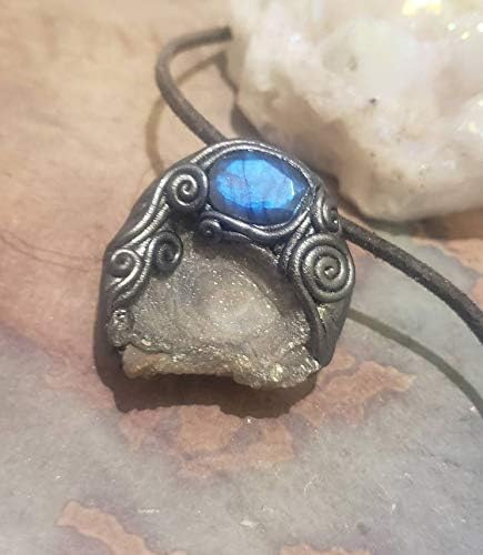 Atlantis. Raw Gemstone Necklace w aura chalcedony and blue Labradorite Rough Stones Jewelry, Blue Crystal Mineral Specimen