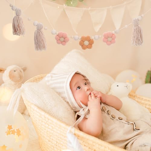 Guirlande de pompons bohème perles bois déco murale ferme chambre