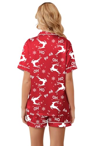 Image of Schbbbta Womens Pajamas, Satin Silky Pjs Set Button-Top 2 Pcs Short Sleeve Sleepwear Soft Comfy Sexy Loungewear Homewear, Red Reindeer Christmas, X-Small