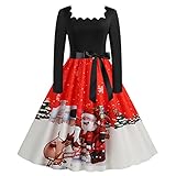 BIBOKAOKE Weihnachtskleid Damen Vintage Cocktailkleid A-Linie Kleid Elegant Langarm Weihnachten Kleider Party Kleid Weihnachts Muster Swing Kleider Festliche Kleider Blusenkleid Midikleid