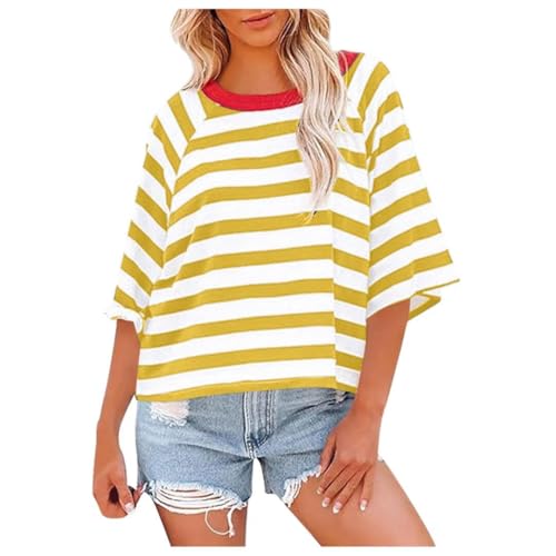 FMCHICO black t shirts Women's Crewneck Oversized Striped Shirts Short
