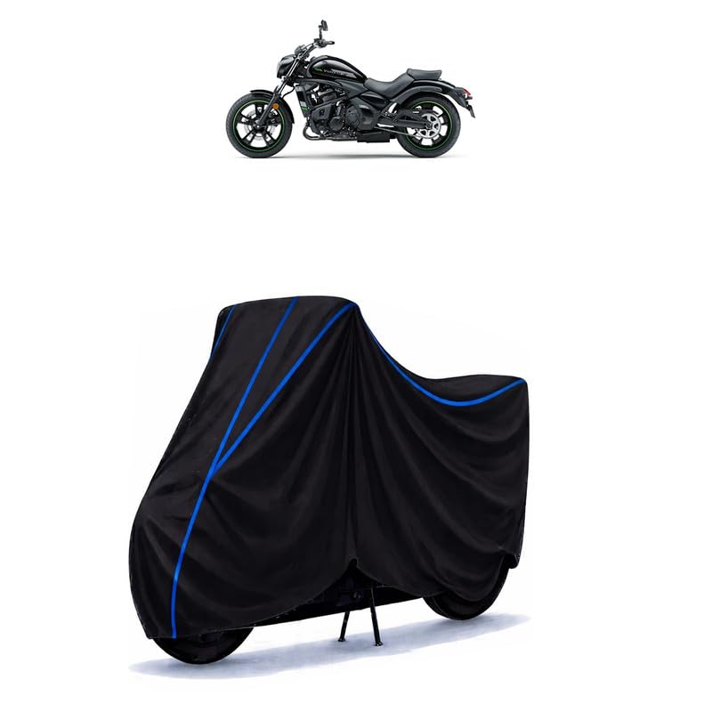 Image of Vulcan S 650 Bike Cover Water Resistant Universal Motorcycle Rain | Heavy Duty UV Protection, Dust, Scratch Indoor Outdoor All Weather with Black Blue Piping Elastic