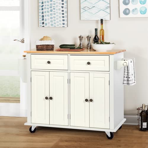 Tusy 43" Kitchen Island With Storage, Rolling Kitchen Cart With Lockable Wheels, Solid Wood Tabletop Kitchen Island Table For Kitchen, Living Room, White #TOP6
