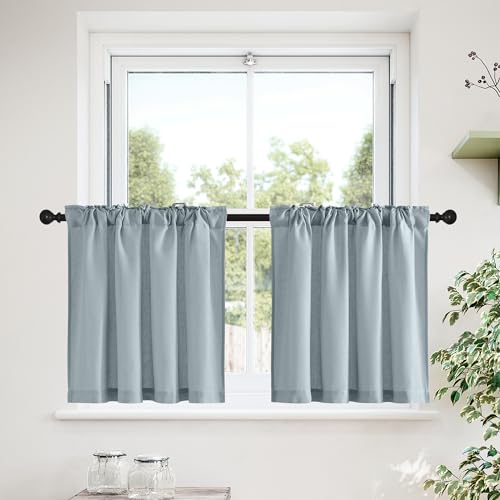 NICETOWN Stone Blue Linen Cafe Curtains for Small Windows Tier