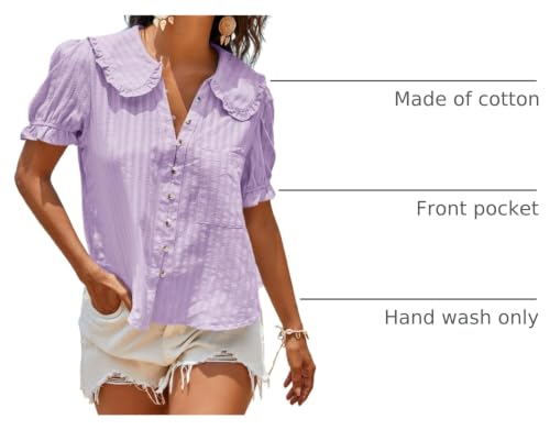 Image of Tankaneo Womens Puff Sleeve Shirts Peter Pan Collar Button Down Cotton Blouse Casual Summer Textured Tops