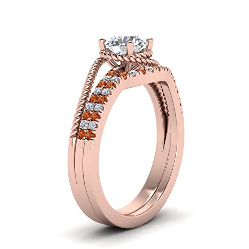 Image of Choose Your Gemstone Rope Split Shank Wedding Ring Set Rose Gold Plated Round Shape Wedding Ring Sets Everyday Jewelry Wedding Jewelry Handmade Gifts for Wife US Size 4 to 12