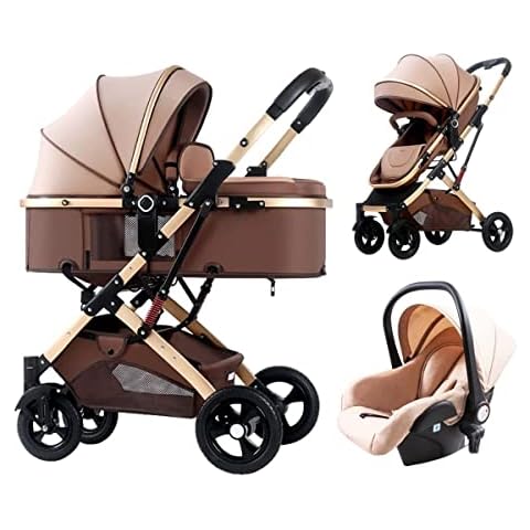 TUCY Pram Stroller Baby Carriage for 0-36 Months Baby Strollers Set 3 In 1 Foldable Travel System Doll Stroller Pram Shock Absorption Springs Pram with Footmuff (Color : Brown) Cover