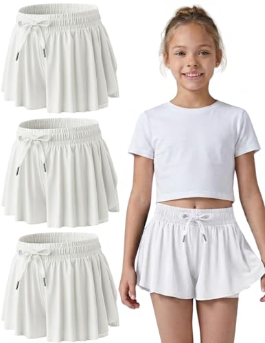 Image of 1 or 3 Pack Girls Flowy Shorts with Spandex Liner & Pocket, 2-in-1 Athletic Butterfly Shorts for Running Dance