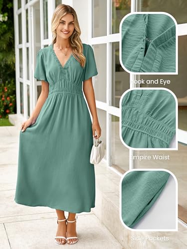 Image of Simplee Women's Summer Flowy Midi Dress Casual V Neck Short Sleeve Empire Waist Boho Beach Dress Wedding Guest Maxi Dress