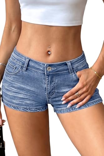 ELLEVEN Low Rise Mini Jean Shorts for Women Sexy Low Waisted Denim Shorts Y2k Cute High Stretchy Casual Micro Shorts Summer Streetwear Trendy Medium Wash Medium