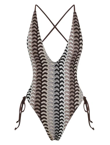 Image of ZAFUL Women Plunging One Piece Swimsuit Backless Cross Tie High Cut Thong One-Piece Bathing Suit