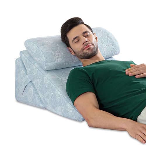 Image of The White Willow Memory Foam & HR Foam Incline Pillow - Back Support for Acid Reflux & GERD Relief, Sitting & Leg Elevation Cushion, Adjustable with Headrest, Blue, King Size, 12 inch H