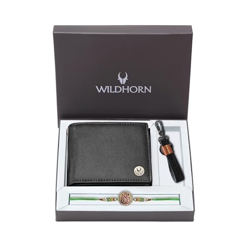 Image of WildHorn Rakhi Gift Hamper for Brother - Classic Men's Combo /Gift Set of Leather Wallet, Keyring and Rakhi for Brother /Bhaiya.