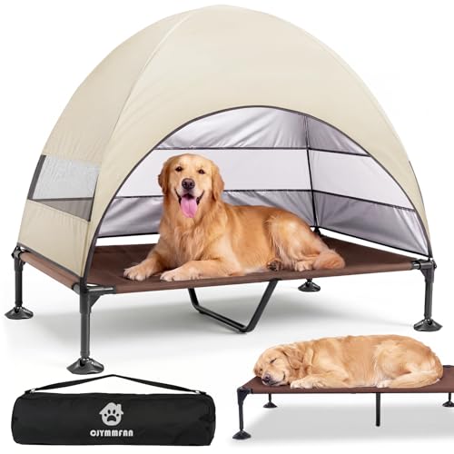 Cuccia rialzata per cani da esterno con tetto, pieghevole con piedini antiscivolo, tenda per cani da esterno con grande ombra, per il campeggio, il giardino, la spiaggia e la piscina (Cachi, XL)