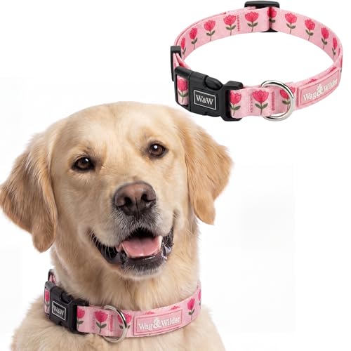 Image of Wag and Wilder Dog Collar and Leash Set for Small, Medium & Large Dogs - Heavy Duty Adjustable Collar & 5 FT Dog Leash Combo, Strong Metal Hook (Jaipur Bloom- Pink, Large, Collar Only)