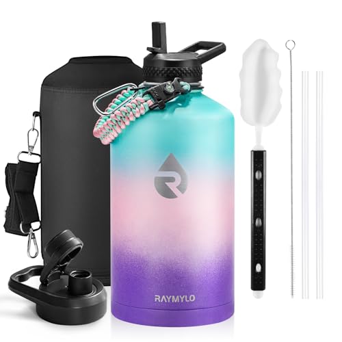 Image of RAYMYLO One Gallon Water Bottle Insulated, Triple Walled Vacuum Stainless Steel (Cold for 48 Hrs), Leak Proof & Non-BPA, Large Water Flask Jug with Paracord Handle & Straw Spout Lids