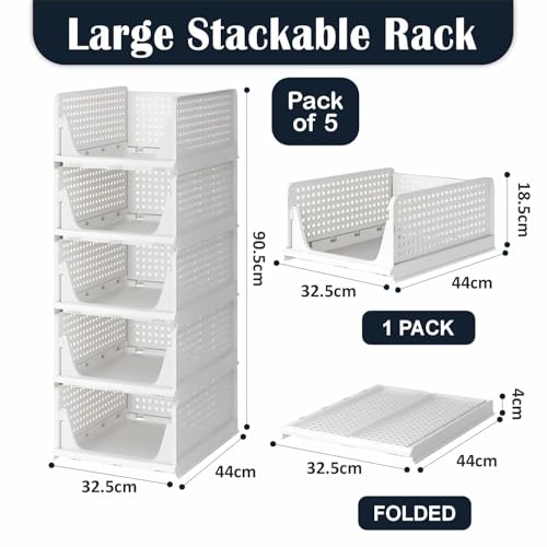Image of HOMIFLY Pack of 5 Large Foldable Cloth Storage Organizer /Stackable Wardrobe Organizer For Clothes /Multipurpose Sliding Basket /Rack Organiser for Storage /Shirt Stacker Box (44 x 33 x 91 cm, White)