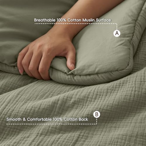 Image of PHF Cotton Muslin Comforter Set Queen, Ultra Soft Breathable, Dusty Sage