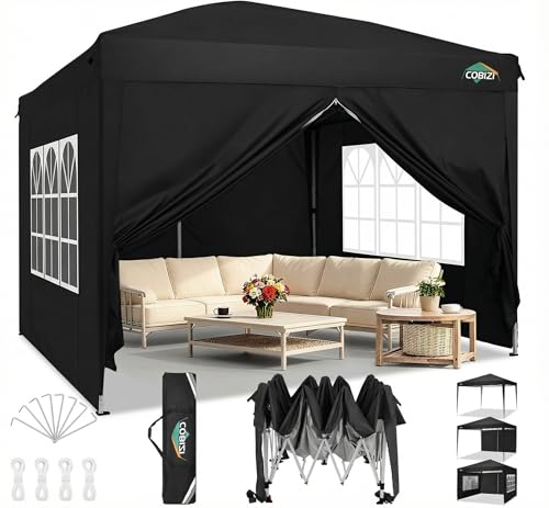 COBIZI 10x10 Pop Up Canopy Tent with 4 Removable Sidewalls, UPF 50+ Waterproof 10x10 Outdoor Portable Canopy for Commercial, Parties, Backyard, Beach with Carry Bag, Ropes, Stakes (Black, 10'x10')