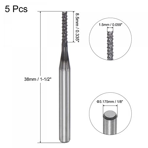 Image of uxcell End Mill CNC Router Bits, 1.5mm x 8.5mm 1 /8 inch Shank Diamond Film Coated Carbide Engraving Bit Milling Cutter Right Hand for PCB Plastic Fiber Wood 5pcs