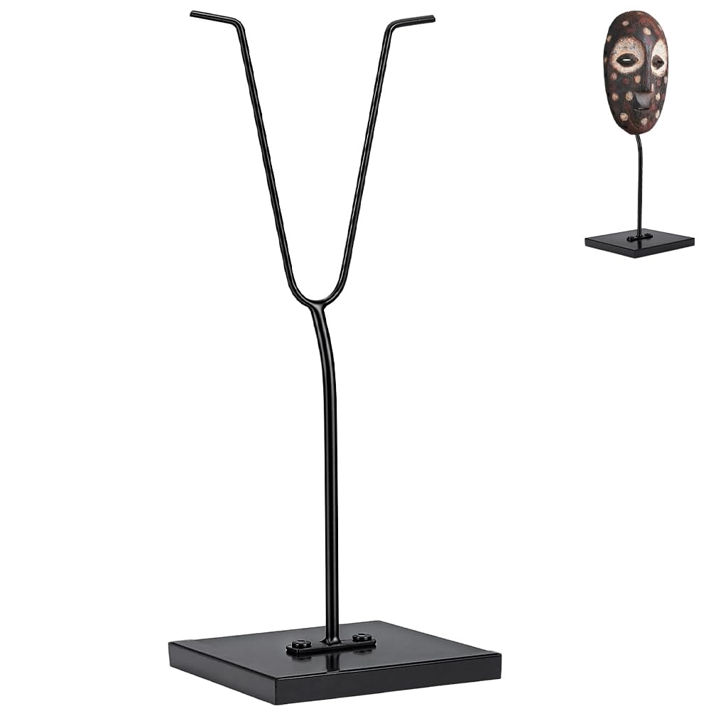 PH PandaHall Mask Display Stand, Y Style Black Egyptian Mask Holder Metal Face Mask Holder with Base Statue Stand for Masquerade Phantom of the Opera Costume Skeleton Skull Statue, 15 inch Height